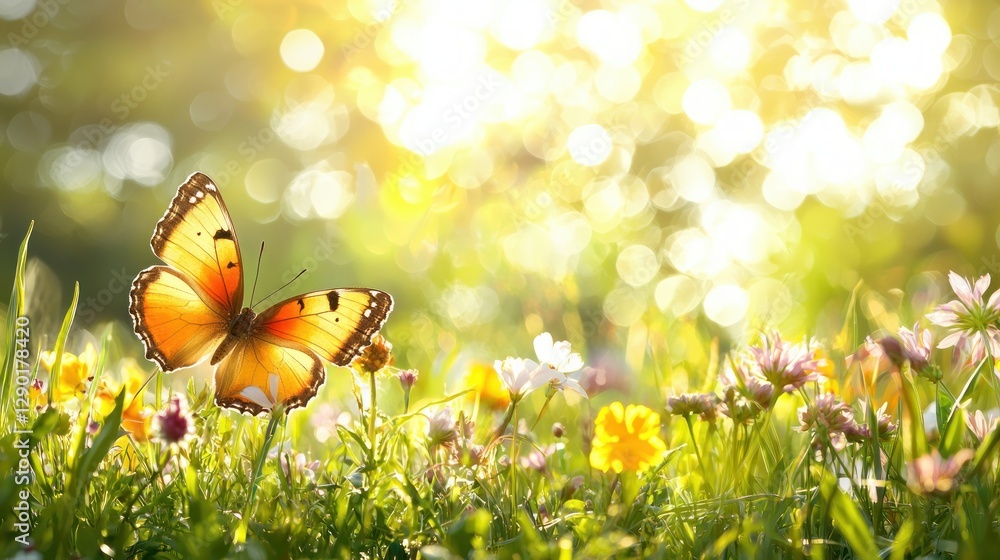 Poster vivid butterfly resting on wildflowers in a sunlit meadow with bokeh background creating a dreamy an