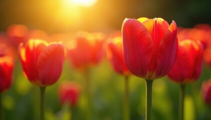 Obraz premium Vibrant tulips bask in golden sunlight, petals glowing , petal, garden, bloom