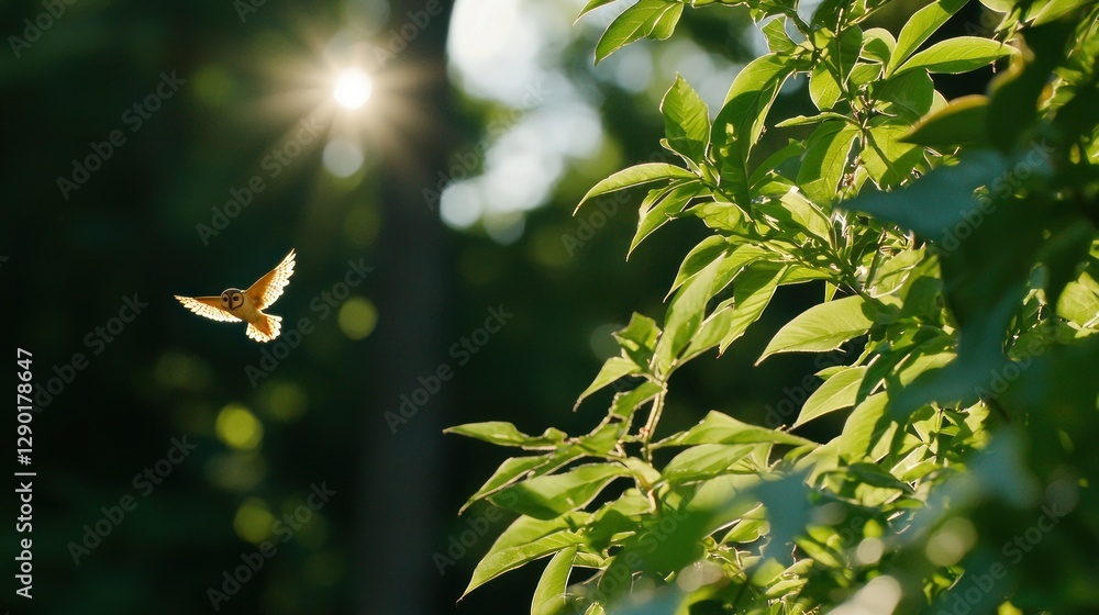 Aufkleber owl in flight through sunlit forest canopy with lush green leaves and bokeh background creating a ma