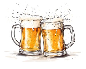 Cheers! Two beer mugs splashing on a table