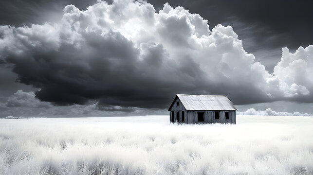 house in a vast field of glowing white grass, with dark clouds rolling in, captured using infrared photography 