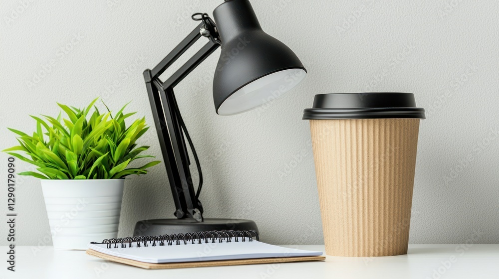 Poster Minimalist workspace setup featuring a black desk lamp a potted plant a notebook and a coffee cup on a white desk creating a calm and focused atmosphere