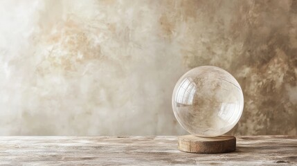 Clear crystal ball on rustic wooden table with neutral beige textured background for divination and fortune telling a mystical and magical atmosphere