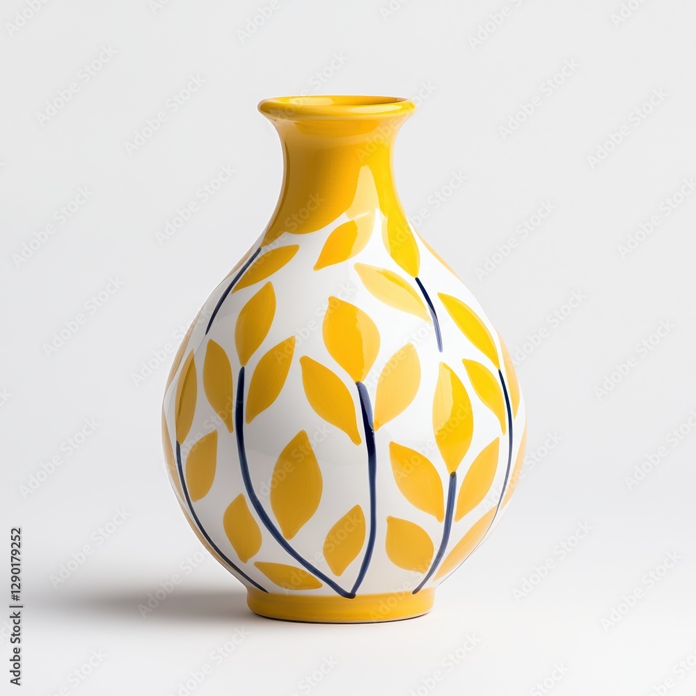 Poster a vibrant yellow vase adorned with a leaf pattern, showcasing a modern design that adds a pop of col