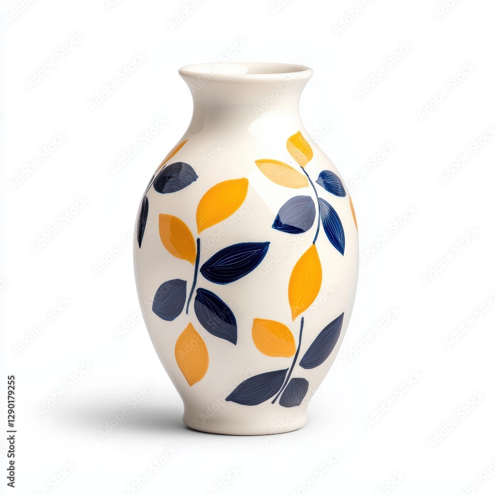 Poster a decorative vase featuring a white background adorned with colorful leaf patterns in blue and orang