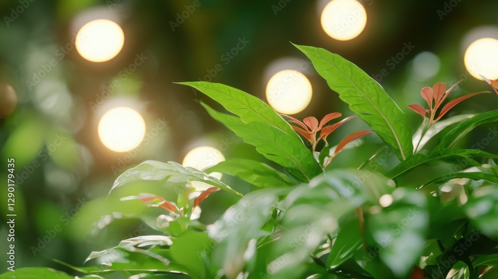 Poster lush foliage with vibrant green leaves and soft bokeh lights creating a serene and inviting atmosphe