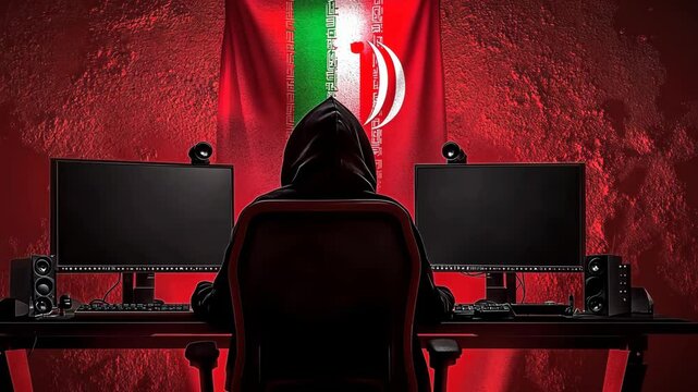 Hacker working at dual computer setup under Iranian flag in a dimly lit room