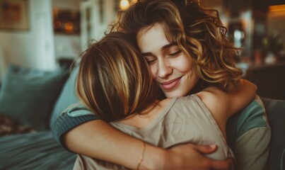 A woman is hugging a child on a couch