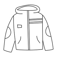Windbreaker jacket in a sporty style, unisex outerwear. Contour drawing, line black, flat vector, eps10