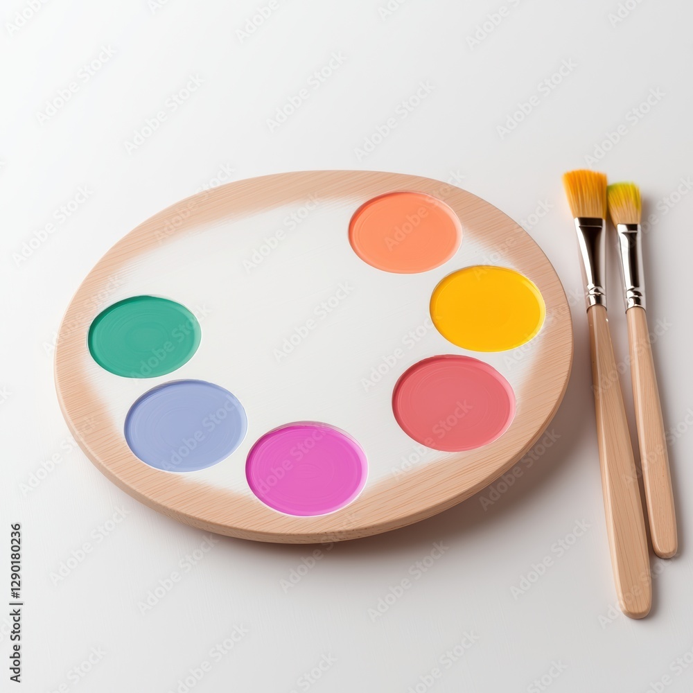 Poster a round palette with six colorful paint blobs and two brushes, designed for artists to mix and creat