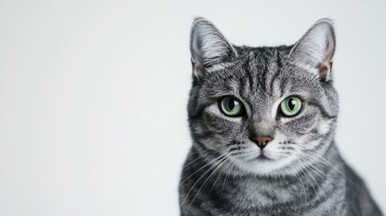 Fototapeta premium Silver tabby British shorthair cat gazes intently, capturing pure feline elegance and focus. 