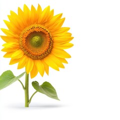 Fototapeta premium A vibrant sunflower with bright yellow petals and a green center, standing tall against a clean white background.