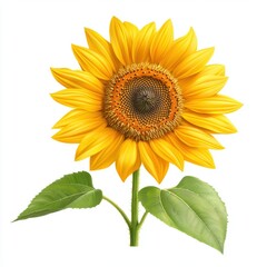 Obraz premium A vibrant sunflower with bright yellow petals and a textured brown center, supported by green leaves, symbolizing warmth and positivity.