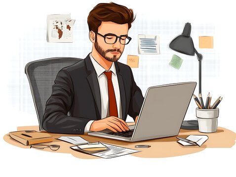 Businessman working on laptop, office setting