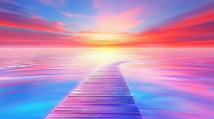 A wooden walkway leads towards the bright setting sun and sky