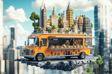 Obraz premium A food truck with a miniature city built on top, featuring skyscrapers, greenery, and delicious food items, floating in a futuristic urban landscape.