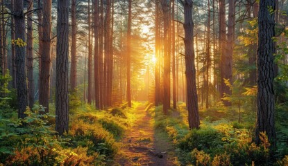 Fototapeta premium Golden Sunlight Through Forest Trees