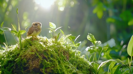 Enchanting Portrait of a Small Owl Perched on Mossy Ground in Lush Forest with Sunlit Canopy and Green Foliage Capturing Natural Beauty and Serene Wildlife