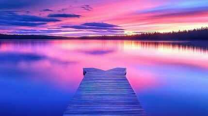 Beautiful sunset over lake with dock and colorful reflections