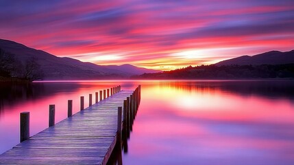 A beautiful colorful pier extends over a calm lake at sunset