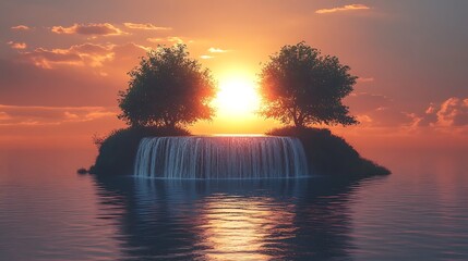 Sunset waterfall island, serene ocean