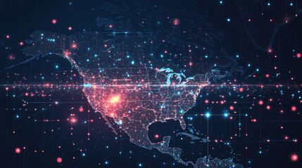 Obraz premium North America Digital Network Map Global Connectivity and Data Flow Visualization