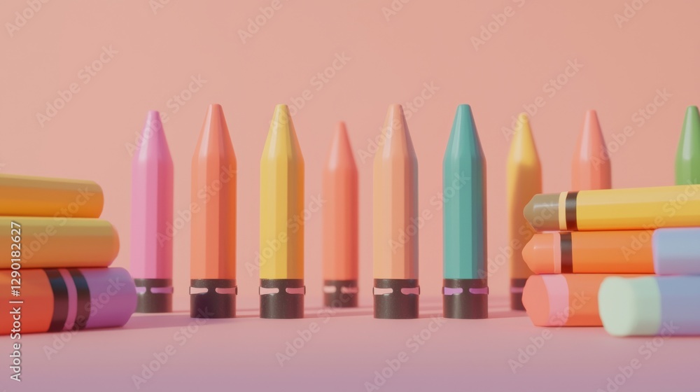 Poster pastel color pencil standing row on light background displaying an array of artistic expression