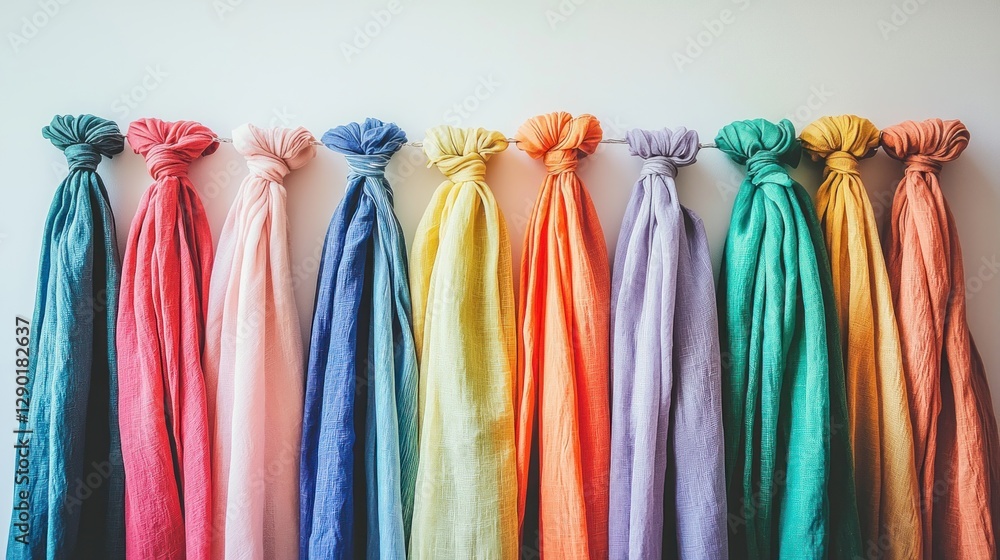 Poster row of colorful tied linen scarfs displaying soft hues against a white wall with soft color harmony 