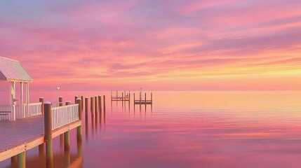 Obraz premium A beautiful scenic waterfront sunset with calm reflecting water below