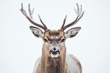 A majestic deer with beautiful antlers stands in the snow
