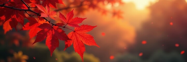Fototapeta premium Crimson leaves densely packed on a branch, peaceful autumn scene , colorful, woodland, natural