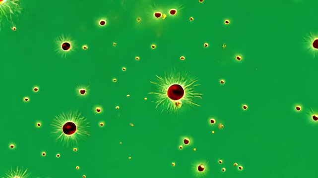 Microscopic golden organisms proliferating across verdant surface, displaying biological multiplication and dynamic spreading pattern