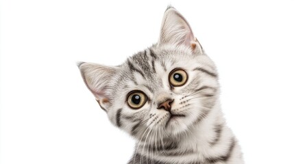 Obraz premium Silver tabby British shorthair cat gazes intently, capturing pure feline elegance and focus. 