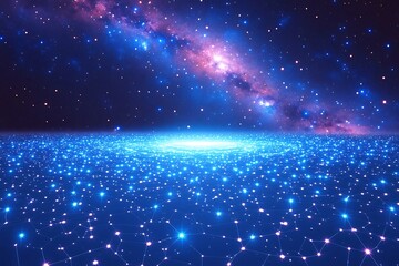Fototapeta premium Cosmic landscape featuring a vibrant galaxy above a glowing starry ground, evoking a sense of wonder