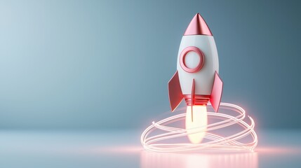 A stylized rocket launching with glowing trails, symbolizing innovation and startup.
