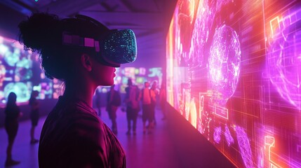 Obraz premium Woman Experiencing Immersive Virtual Reality in Futuristic Digital Art Gallery