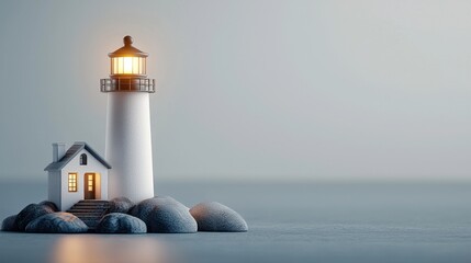 A serene image of a lighthouse with a glowing light, situated on rocks near the sea, with a small house nearby