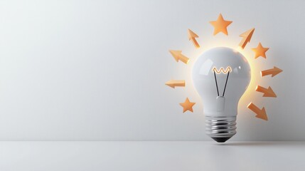A white light bulb with glowing orange arrows and stars around it, symbolizing innovation and progress.