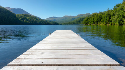 Serene lake dock, mountain backdrop, summer tranquility, travel postcard