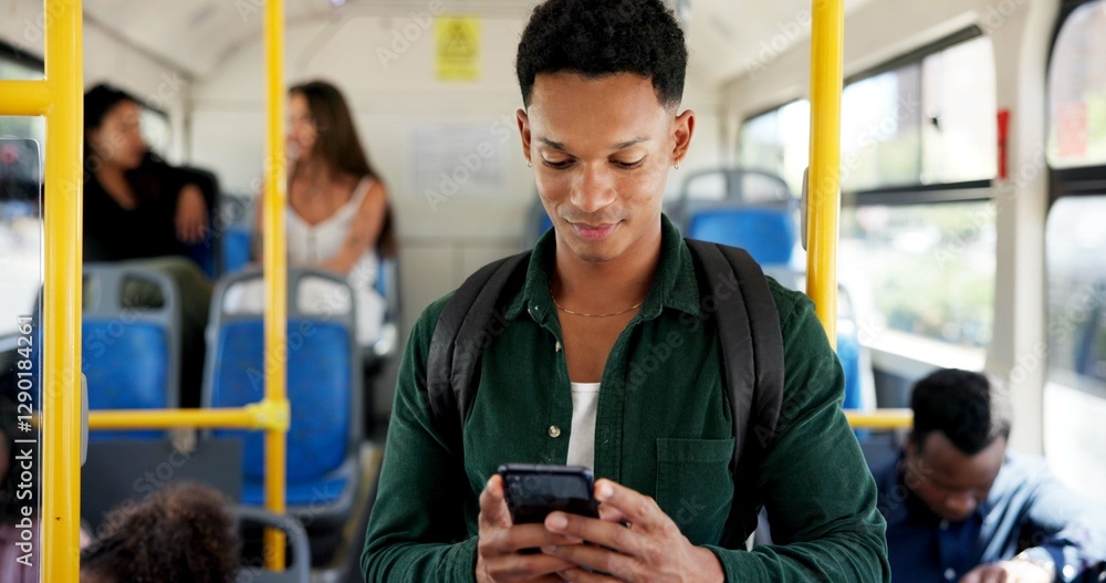 Poster bus, people and man with smartphone, chatting and communication with email. public transport, mobile