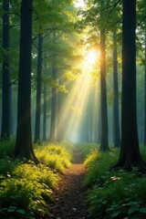 Tall trees bathe in summer sunlight, creating a magical forest scene , vertical, canopy