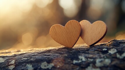 Fototapeta premium Emotional moment two wooden hearts on a log nature scene soft lighting close-up love concept