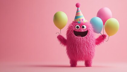 Pink fluffy monster celebrating birthday party