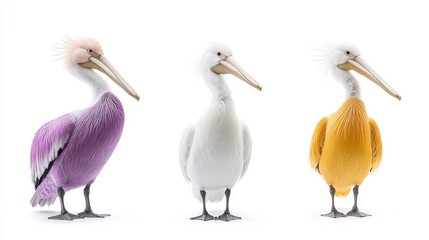 Obraz premium Three pelicans, purple, white, gold, isolated