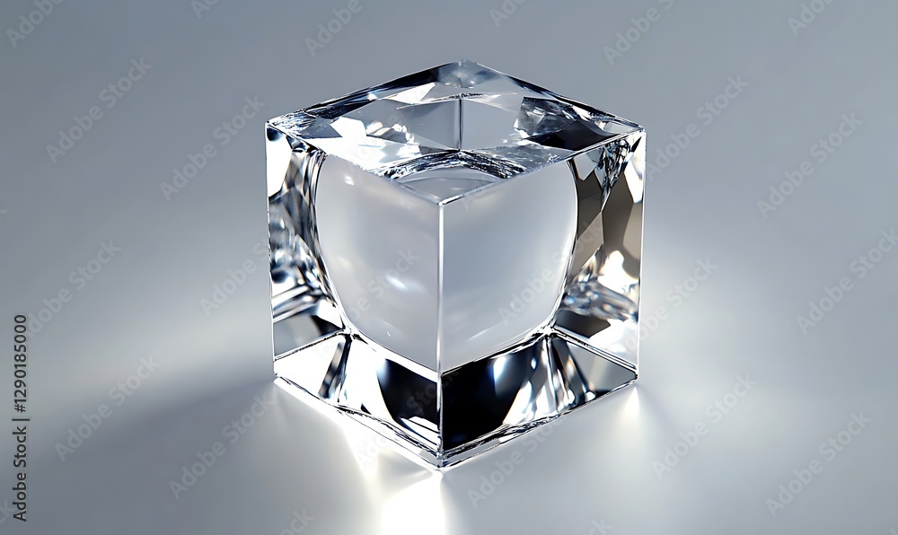 Poster abstract glass crystal wavy cube with light reflection rotating in the center of the frame on isolat