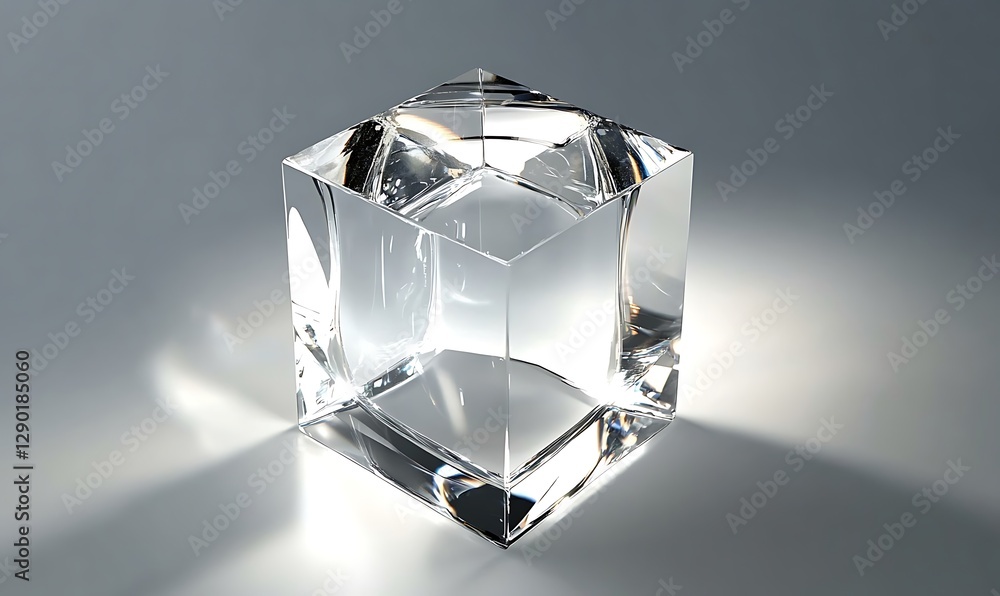 Poster abstract glass crystal wavy cube with light reflection rotating in the center of the frame on isolat