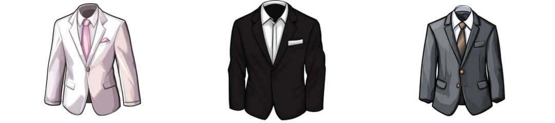 Suits displayed on simple isolated on white or transparent png backdrop. Formal jackets in white, black, & grey for special occasions