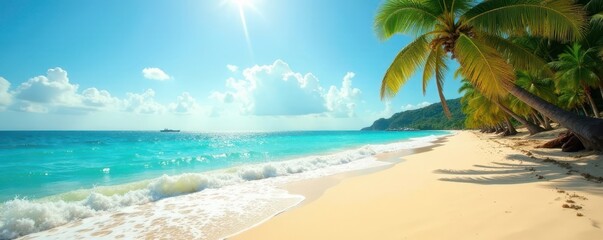 Fototapeta premium Golden sand, turquoise waves, bright sun, palm trees, palm trees, background, sun