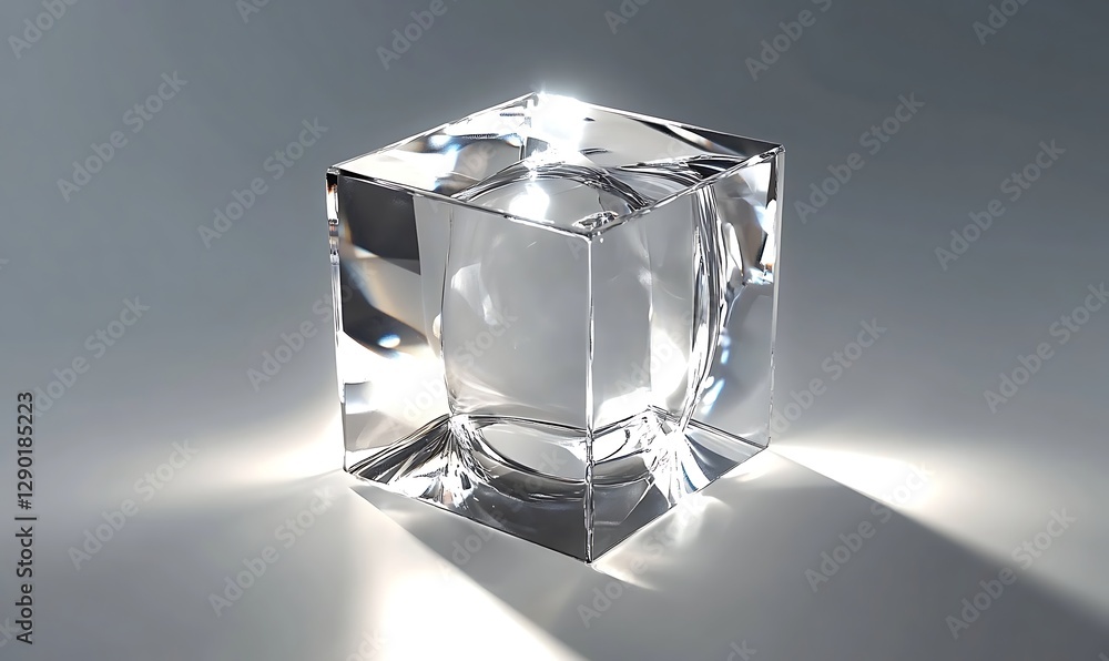 Poster abstract glass crystal wavy cube with light reflection rotating in the center of the frame on isolat