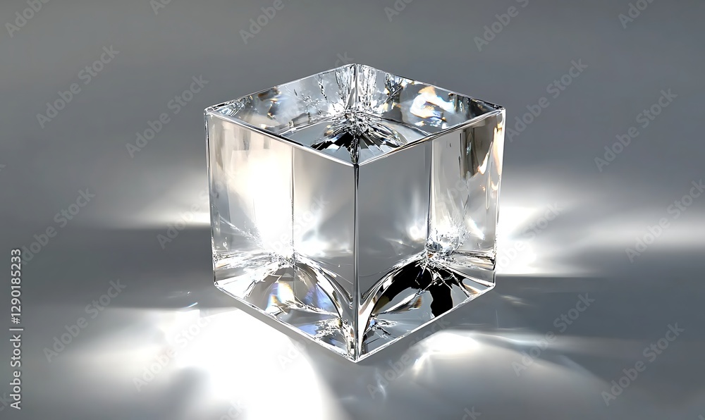 Poster abstract glass crystal wavy cube with light reflection rotating in the center of the frame on isolat